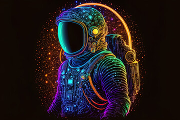 Neon raster artwork of a space suit for scientific investigation of the universe. Generative AI