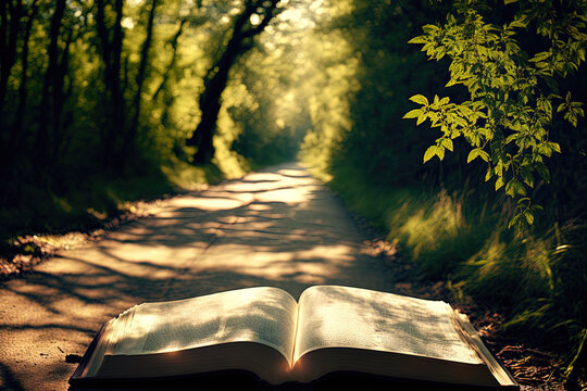 open holy bible on woodland path in the sun. Generative AI