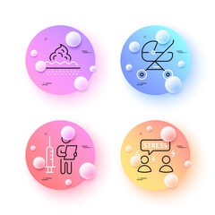 Baby carriage, Vaccination announcement and Skin care minimal line icons. 3d spheres or balls buttons. Difficult stress icons. For web, application, printing. Vector
