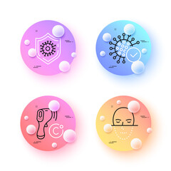 Coronavirus protection, Electronic thermometer and Face recognition minimal line icons. 3d spheres or balls buttons. Coronavirus icons. For web, application, printing. Vector