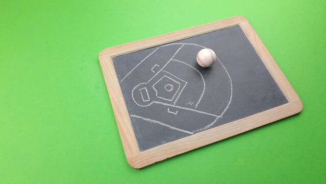 Baseball Field Illustration On Chalkboard, ball pitched from right field, out of bounds. Green background.