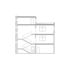 Detailed multi-storey building. Cross-section house. Vector black and white blueprint.