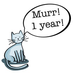 funny happy cat with 1 year bubble, illustration for website, 1 year client, 1 year with us