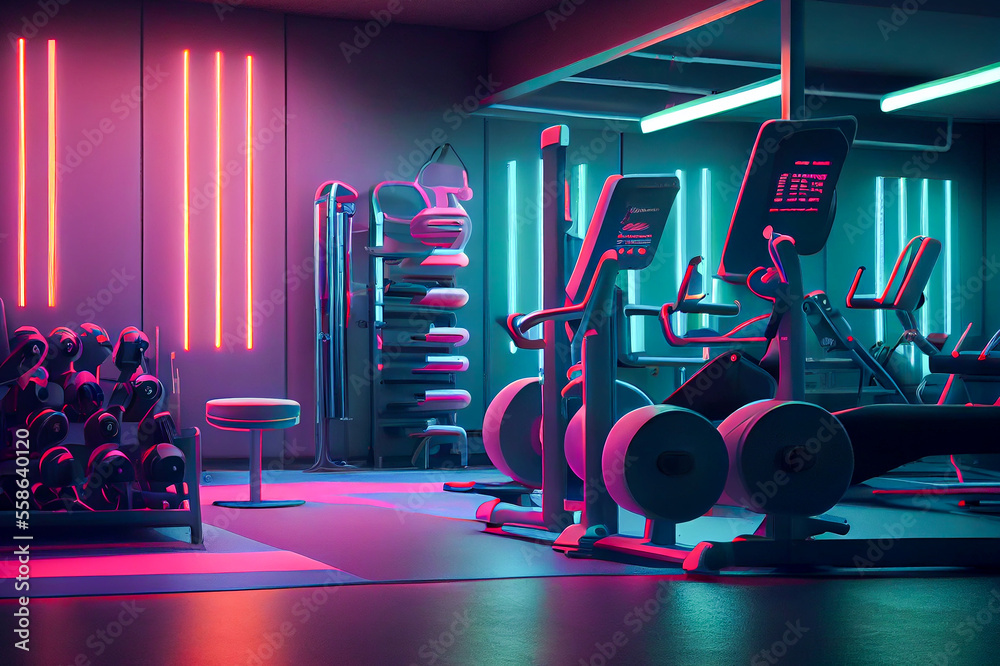 Wall mural Modern gym interior with neon illumination, ai illustration