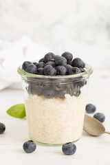 Fototapeta na wymiar Plant-based tapioca pudding with fresh blueberries on top, served in a glass, white background, front view