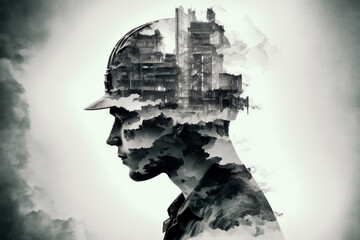 Generative Ai portrait of a constructor and buildings as a double exposure. 
