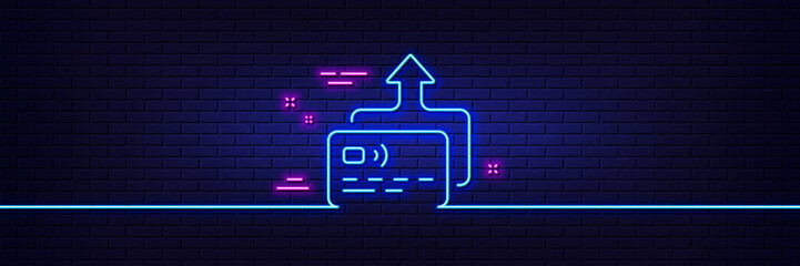 Neon light glow effect. Credit card line icon. Send money payment sign. Receive transaction symbol. 3d line neon glow icon. Brick wall banner. Card outline. Vector