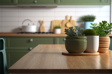 Blurred modern kitchen interior and desk space and outstanding furniture.