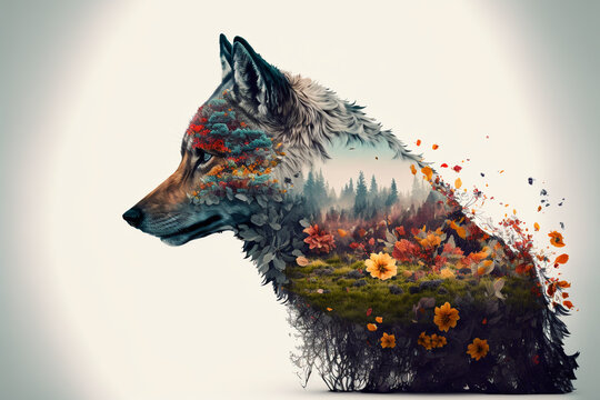 Double exposure generative Ai of a wolf and flowers.