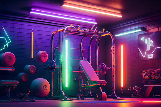 Modern gym interior with neon illumination, ai illustration