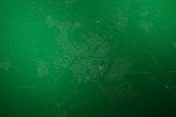 Map of the streets of Gaborone (Botswana) made with white lines on abstract green background lit by two lights. Top view. 3d render, illustration