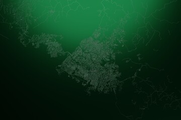 Street map of Douala (Cameroon) engraved on green metal background. Light is coming from top. 3d render, illustration