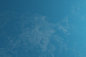 Map of the streets of Tangier (Morocco) made with white lines on blue paper. Rough background. 3d render, illustration