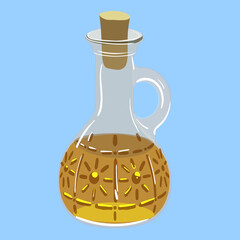 Pot-bellied bottle with yellow vegetable oil. Bottle with patterns, narrow neck and handle in vector.