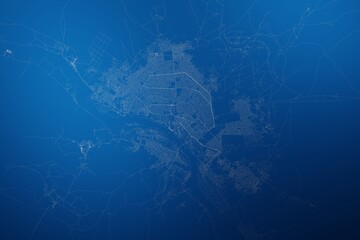 Stylized map of the streets of Niamey (Niger) made with white lines on abstract blue background lit by two lights. Top view. 3d render, illustration