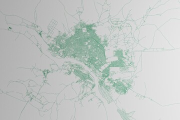 Map of the streets of Niamey (Niger) made with green lines on white paper. 3d render, illustration
