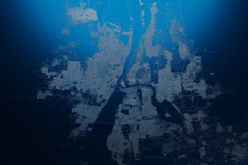 Street map of Khartoum and Omdurman (Sudan) engraved on blue metal background. View with light coming from top. 3d render, illustration