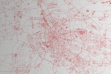 Map of the streets of Tianjin (China) made with red lines on white paper. 3d render, illustration