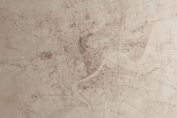Map of Hangzhou (China) on an old vintage sheet of paper. Retro style grunge paper with light coming from right. 3d render