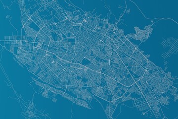 Map of the streets of Shiraz (Iran) made with white lines on blue background. 3d render, illustration
