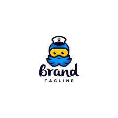 Playful Blue Octopus Wearing Captain Hat Mascot Logo Design. Cute Blue Octopus Character Design Wearing Googles And Cruise Captain Hat.