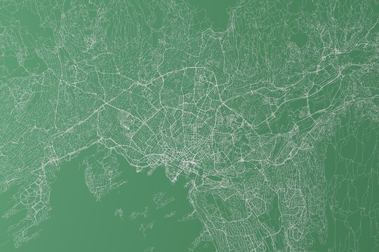 Stylized map of the streets of Oslo (Norway) made with white lines on green background. Top view. 3d render, illustration