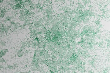 Map of the streets of Manchester (UK) made with green lines on white paper. 3d render, illustration