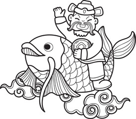 Hand Drawn Chinese Wealth God and Koi illustration