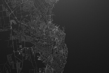 Street map of Odessa (Ukraine) on black paper with light coming from top