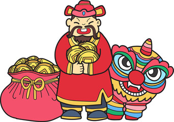 Hand Drawn Wealth God and Chinese Lion illustration