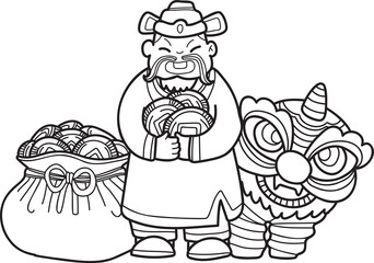Hand Drawn Wealth God and Chinese Lion illustration