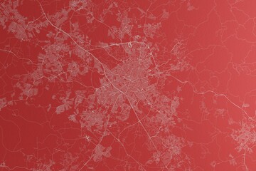 Map of the streets of Campinas (Brazil) made with white lines on red paper. Top view, rough background. 3d render, illustration
