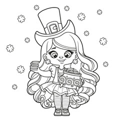 Cute cartoon long haired leprechaun girl  with a pot of gold outlined for coloring page on white background
