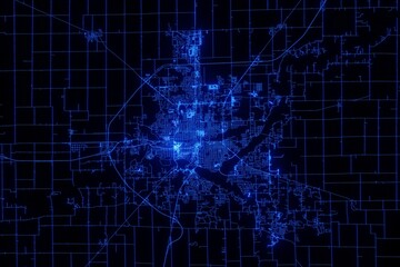Street map of Decatur (Illinois, USA) made with blue illumination and glow effect. Top view on roads network