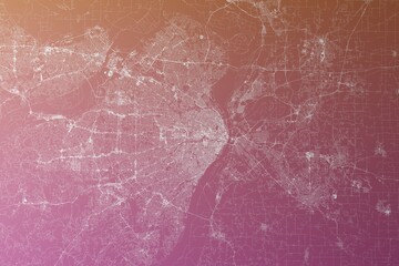 Map of the streets of St Louis (Missouri, USA) made with white lines on pinkish red gradient background. Top view. 3d render, illustration - obrazy, fototapety, plakaty