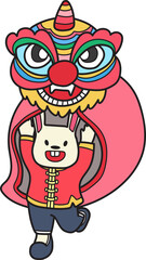 Hand Drawn Chinese lion dancing with a rabbit illustration