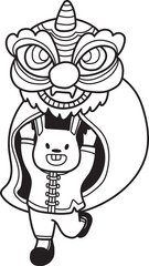 Hand Drawn Chinese lion dancing with a rabbit illustration