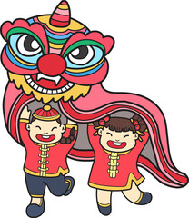 Hand Drawn Chinese lion dancing with Chinese children illustration
