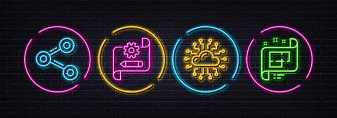 Share, Cogwheel blueprint and Cloud network minimal line icons. Neon laser 3d lights. Architectural plan icons. For web, application, printing. Follow network, Edit settings, Online storage. Vector