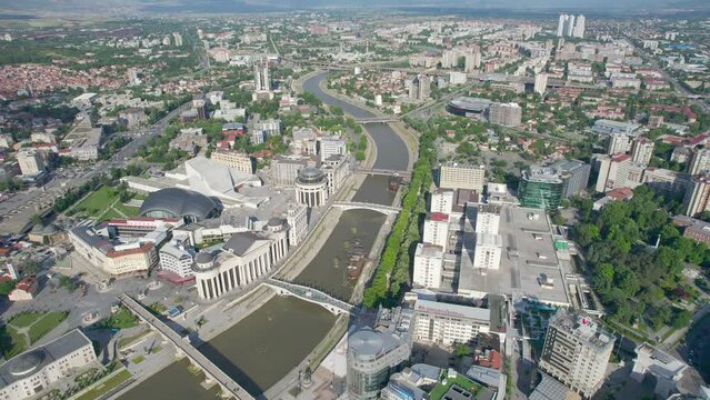 Aerial panoramic view of center architecture of Skopje, Macedonia. Panoramic view of the city center if Skopje, with Vardar river and bridges