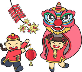 Hand Drawn Chinese lion dancing with firecrackers illustration