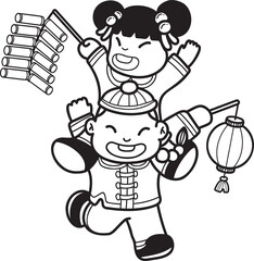 Hand Drawn Chinese children with firecrackers and lanterns illustration