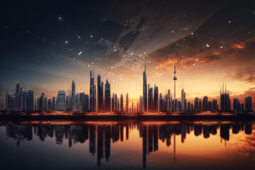 Smart city at sunset with skyscrapers. Digital data connections with connecting dots. 