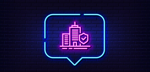 Neon light speech bubble. Apartment insurance hand line icon. Risk coverage sign. Building protection symbol. Neon light background. Apartment insurance glow line. Brick wall banner. Vector