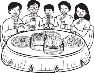 Hand Drawn Chinese family with Chinese food table illustration