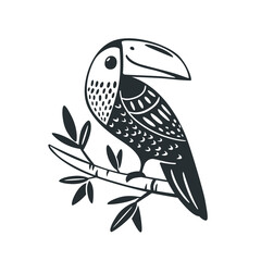 Simple linocut style illustration with toucan on branch. Linocut vector illlustration for prints, clothing, packaging and postcards.