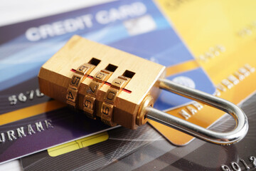 Credit card with password key lock, security finance business concept.