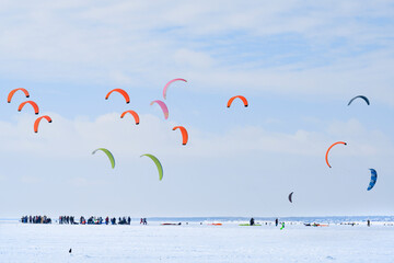 Snowkiting competitions with colored parachutes on a frozen river covered with snow in winter