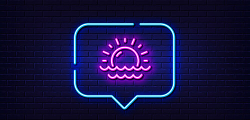 Neon light speech bubble. Sunny weather forecast line icon. Summer sun sign. Sunset with waves. Neon light background. Sunset glow line. Brick wall banner. Vector