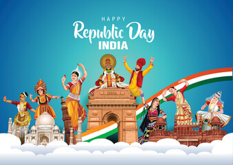 Happy Republic Day India 15th august. Indian monument and Landmark with background , poster, card, banner. vector illustration design - obrazy, fototapety, plakaty